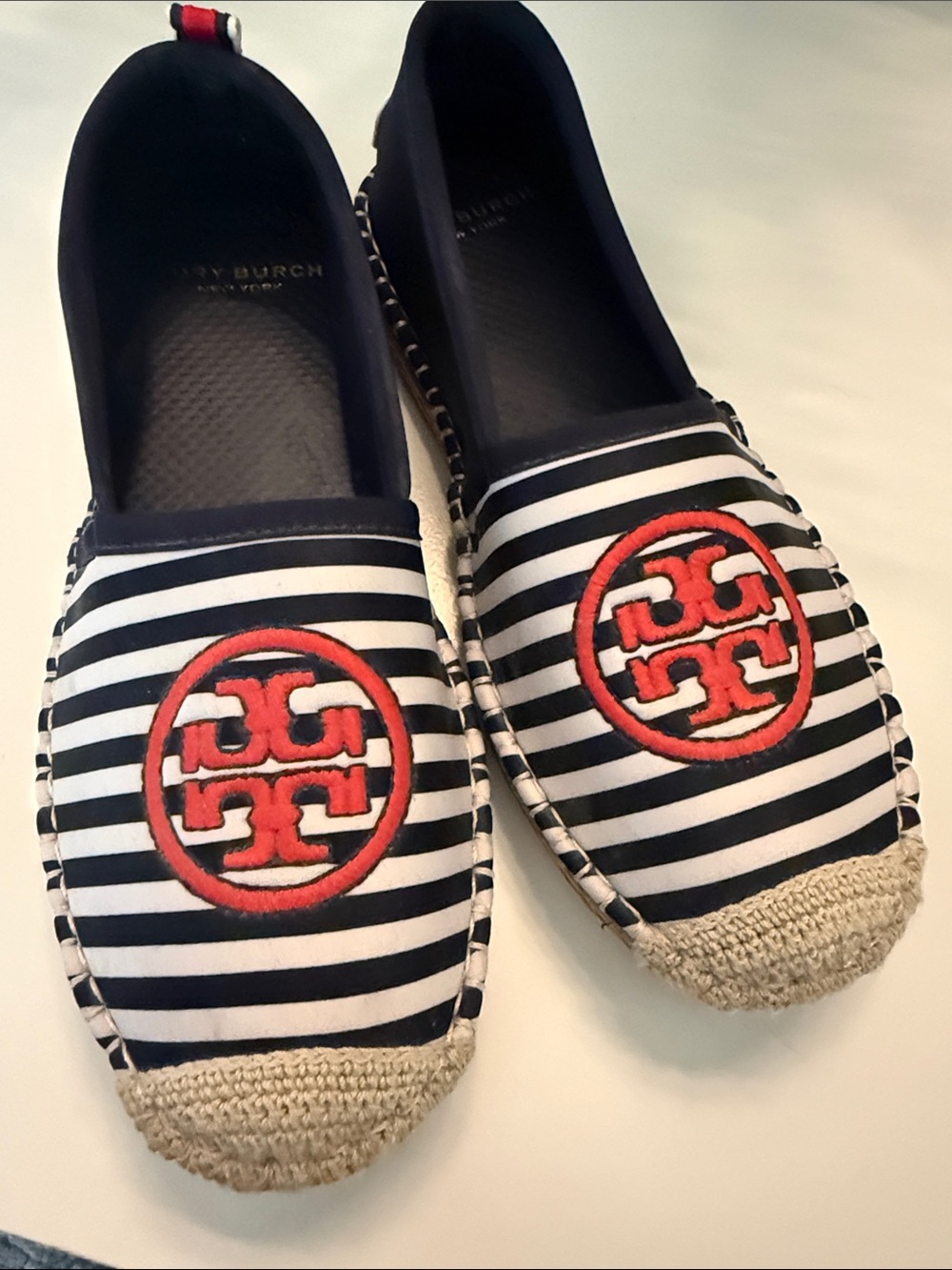 Tory Burch Boat Shoes - Navy and White Striped Espadrilles with Red Logo